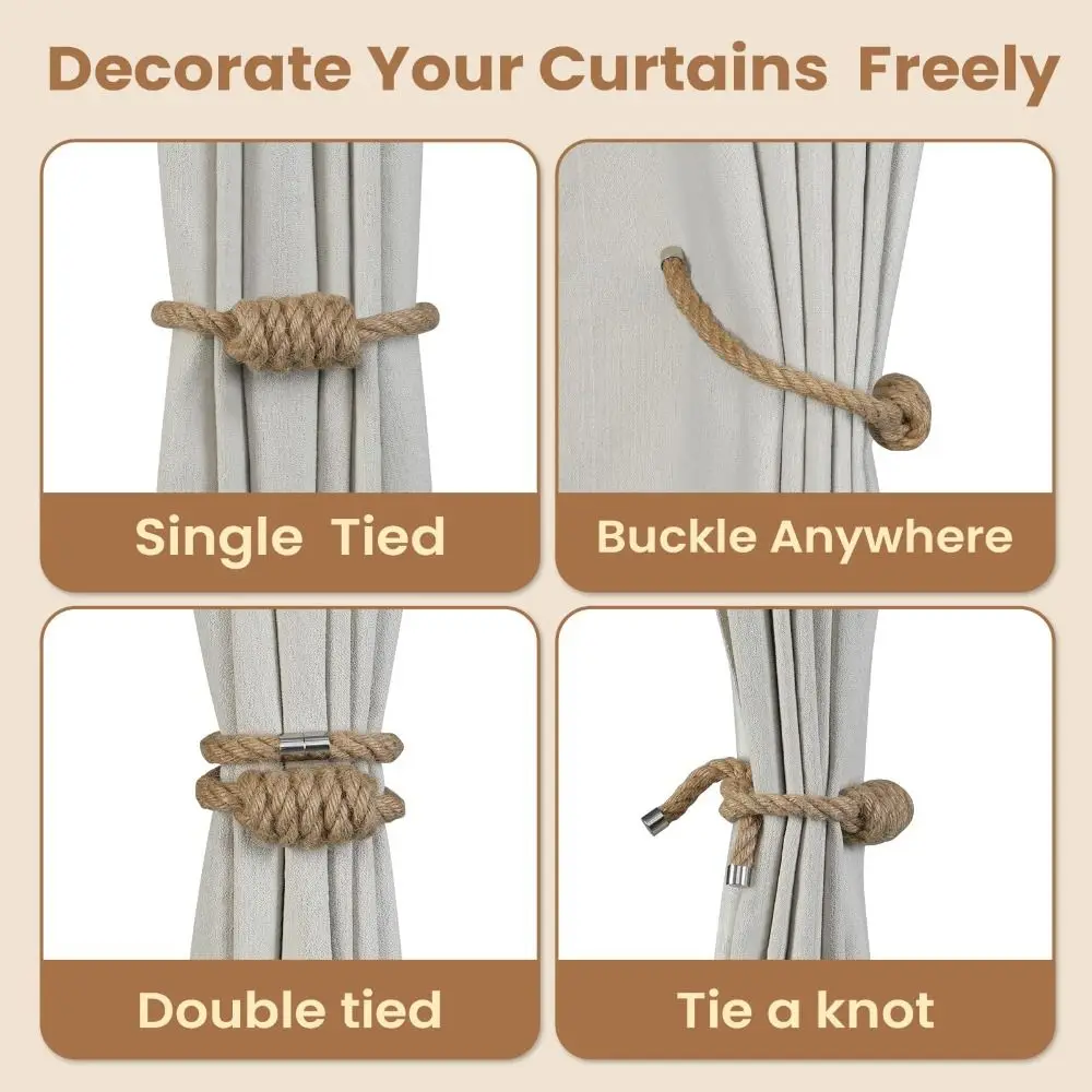 2 Pack Trendy Rope Knot Magnetic Curtain Tiebacks Creative No Drill Curtain Ties Elegant Simple Curtain Holdbacks Home Decor