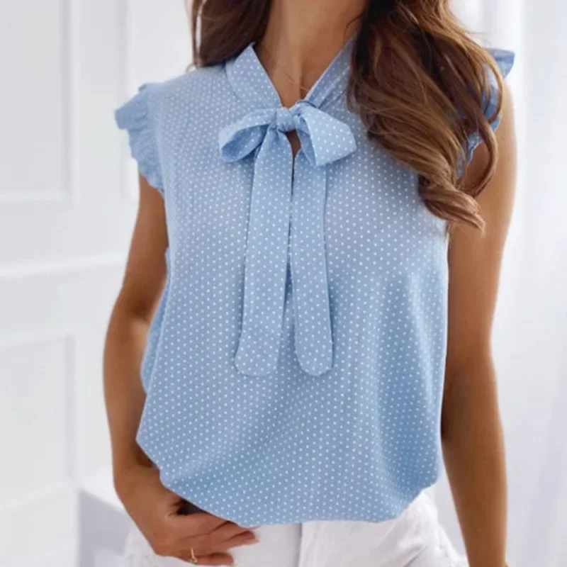 2022 Summer Women Elegant Ruffles Sleeveless Polka Pot Lace Up Tie Bow Blouses Shirts Casual Oversize Tops Sexy Pullover Tunic