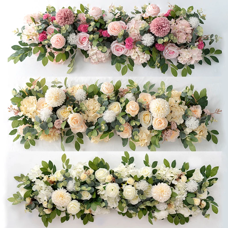 

100cm Luxury White Rose Artificial Flower Row Wedding Table Centerpiece Flowers Backdrop Wall Arches Decor Party Stage Floral