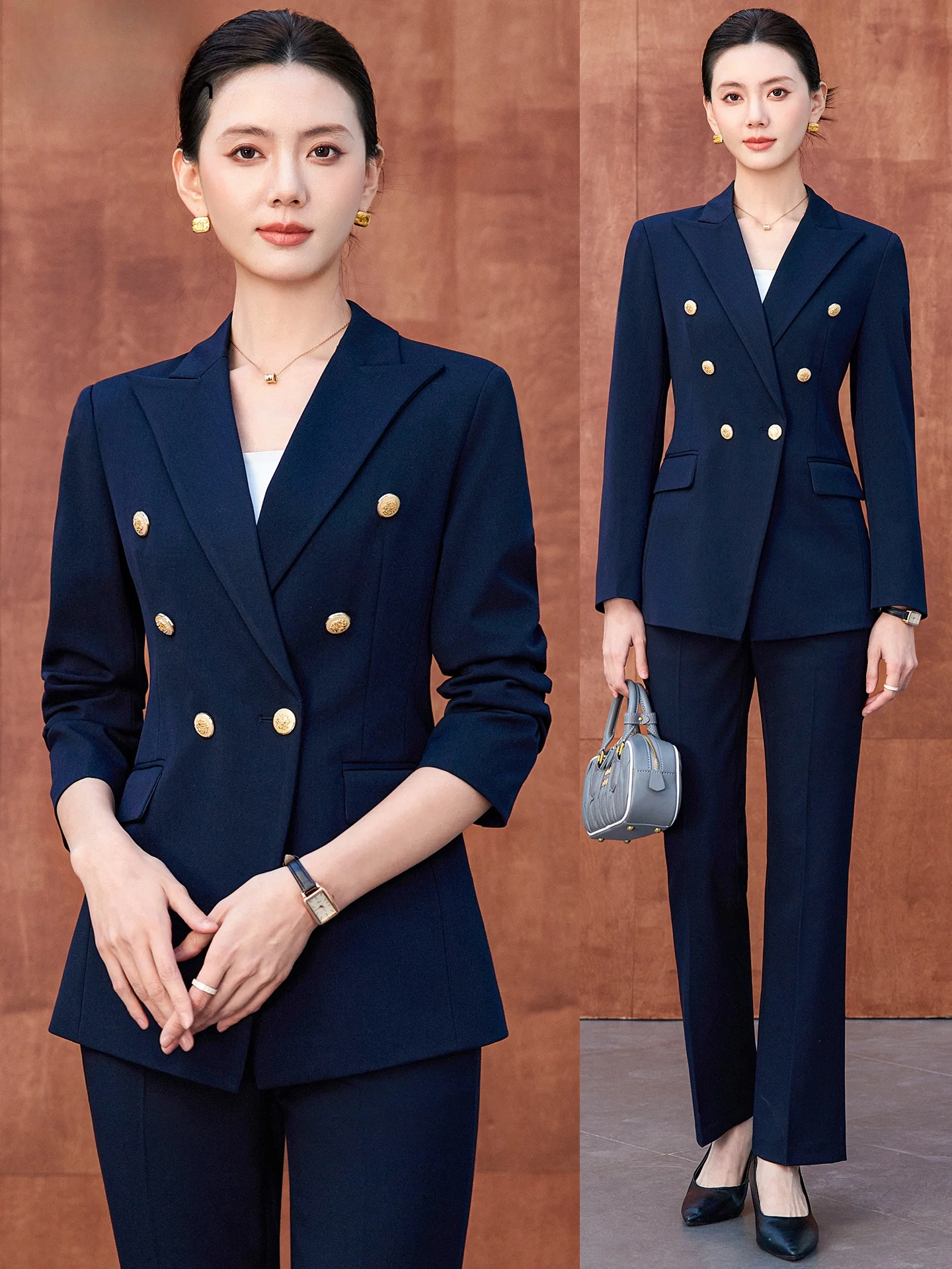 

Cobalt Blue Women's Suit Set Formal Profional Workwear Double-Breasted Jaet Career Commute Sle Slim Fit Polyester