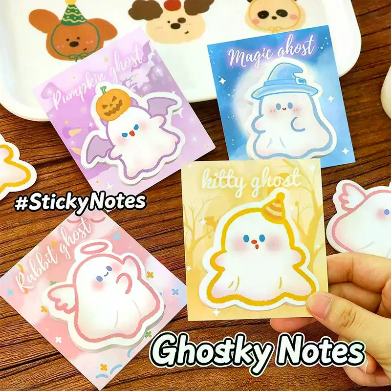 1/4Pcs Halloween Ghost Sticky Notes Set Cute Cartoon Die Cut Memo Pad Reusable Aesthetic Stationery for Kids School Office Gift