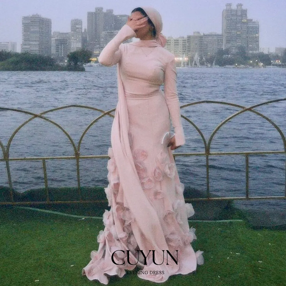 

CUYUN Luxury Muslim Evening Gown Women Pink 3D Flowers Long Party Dresses Customized Long Sleeves Formal Event Dresses