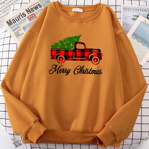 메리 크리스마스 자동차 트리 프린트 맨투맨, 캐주얼 루즈 스트리트웨어, 따뜻한 모피 라이너 풀오버, 양털 S-XXL 상의 