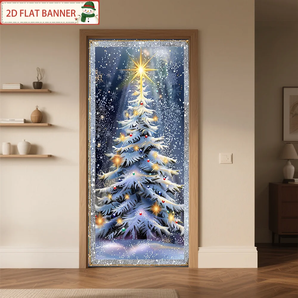 2D flacher 1-teiliger Türvorhang aus Polyester mit Lichtstern verziert, Weihnachtsbaum, geeignet für Weihnachts- und Winterdekoration