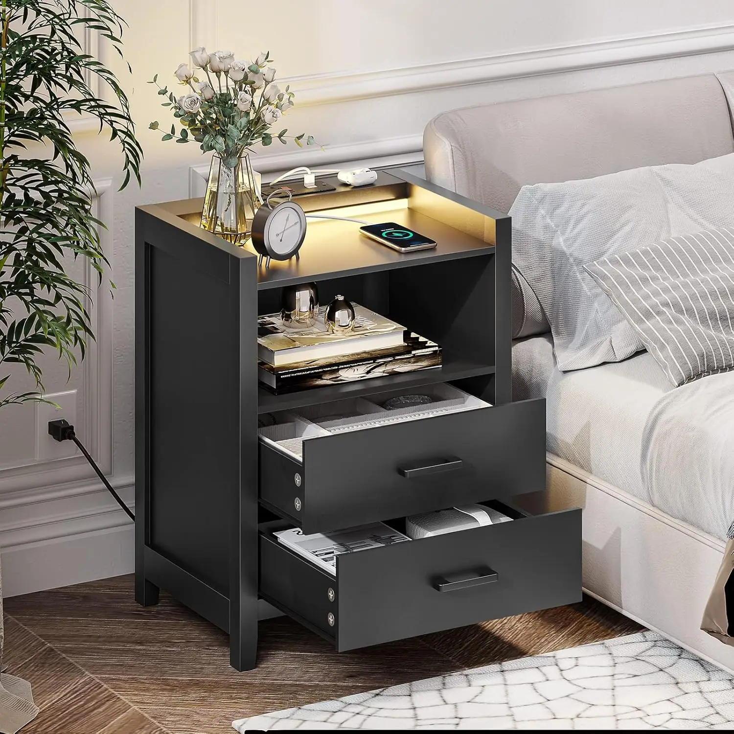 Nightstands Set of 2, Black Night Stand with Charging Station and 2 Drawers, Wood End Side Table with USB Ports, Bedside Table f