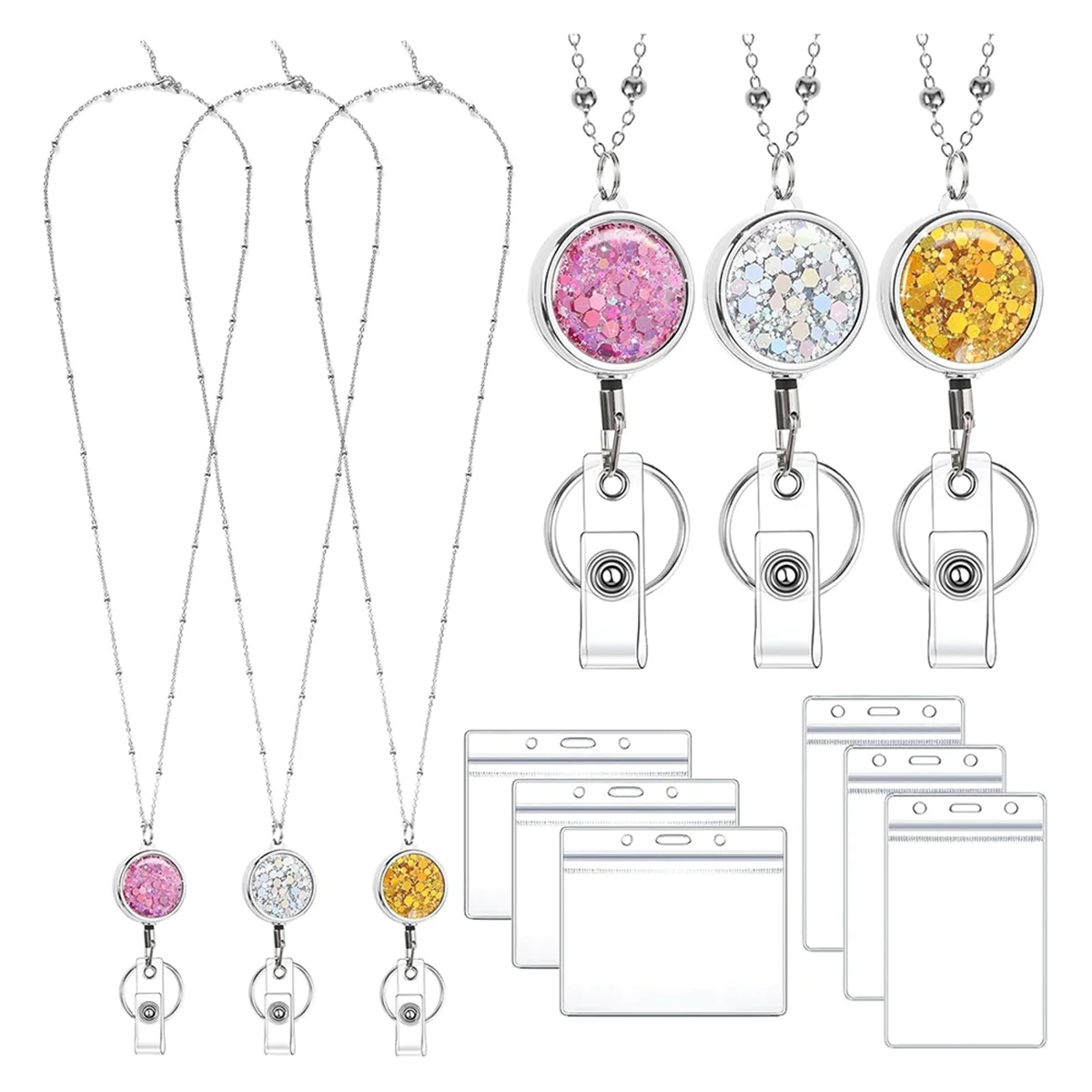 Confezione da 3 cordini da donna per badge identificativi con porta badge identificativo da 6 pezzi per cordini da crociera da donna in acciaio inossidabile Glitter-AB09