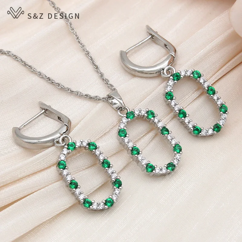 S&Z DESIGN New Fashion Annular Egg Shape Oval Cubic Zirconia Dangle Earrings Jewelry Sets For Women Wedding Pendant Necklace