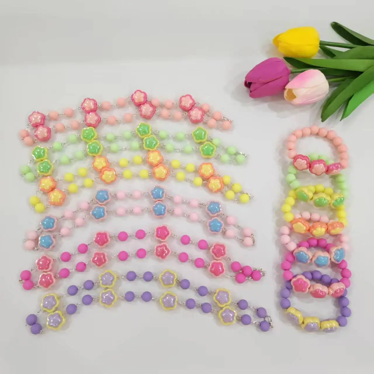 

Dopamine Girl Resin Beading Flower Necklace Bracelet Set Sweet Girl Handmade Candy Color Choker Clavicle Chain Jewelry