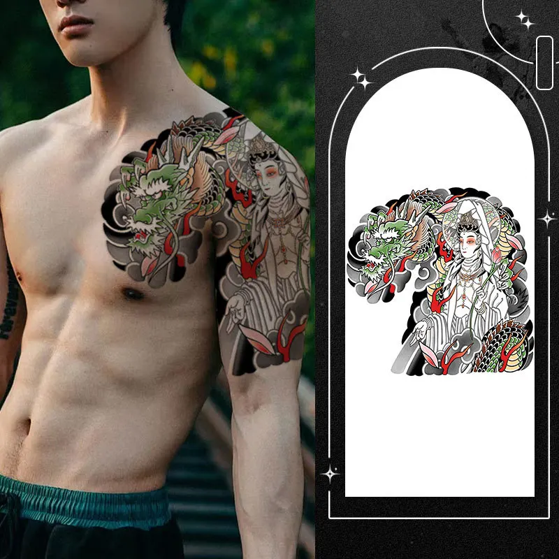 

Half Armor Dragon Tattoo Sticker Guanyin Flower Arm Colorful Waterproof Long-lasting Fake Tattoo Art Faux Tatouage Man Women