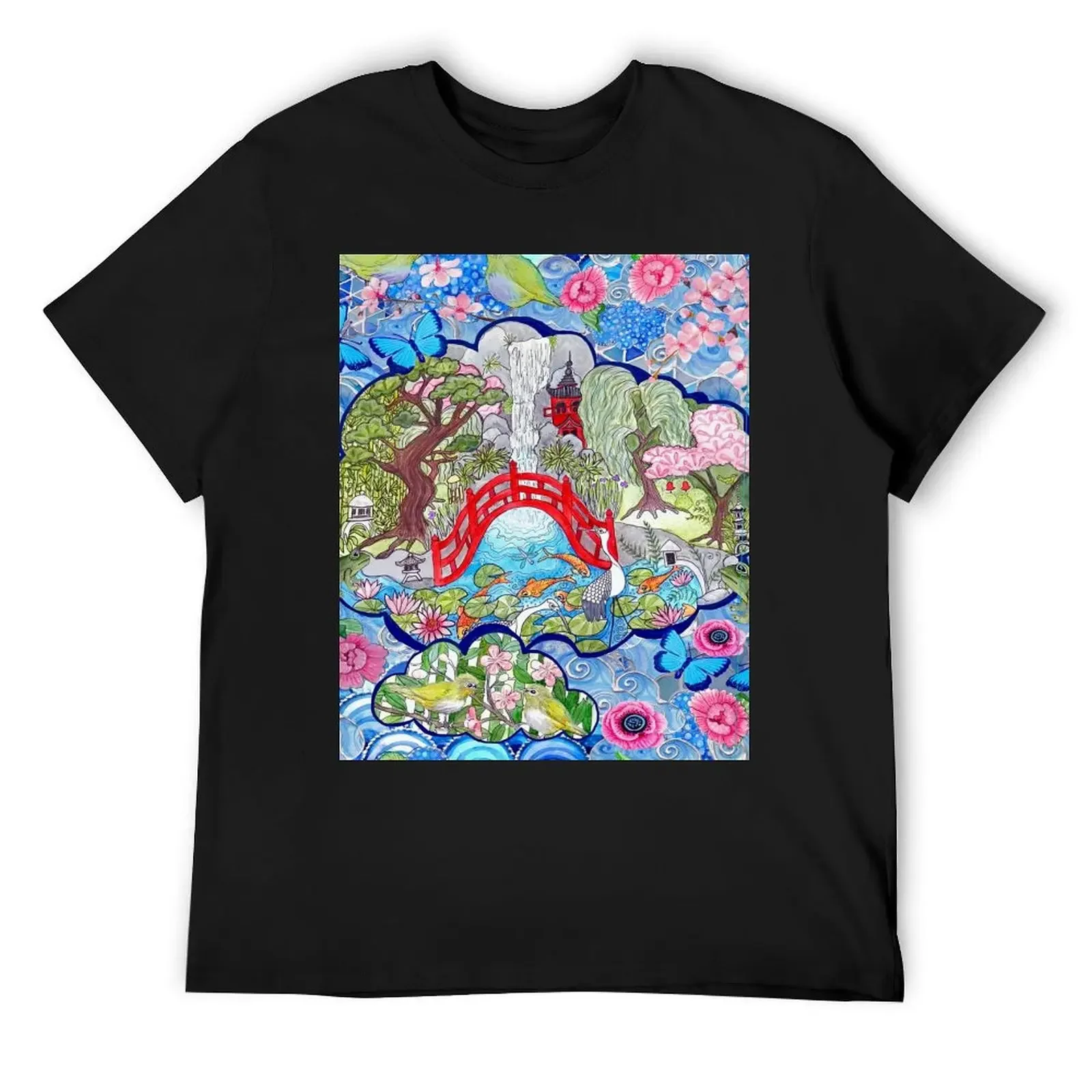 

Japanese zen garden with cherry blossom, pagoda, bridge, koi pond and waterfall T-Shirt summer top t shirt for men