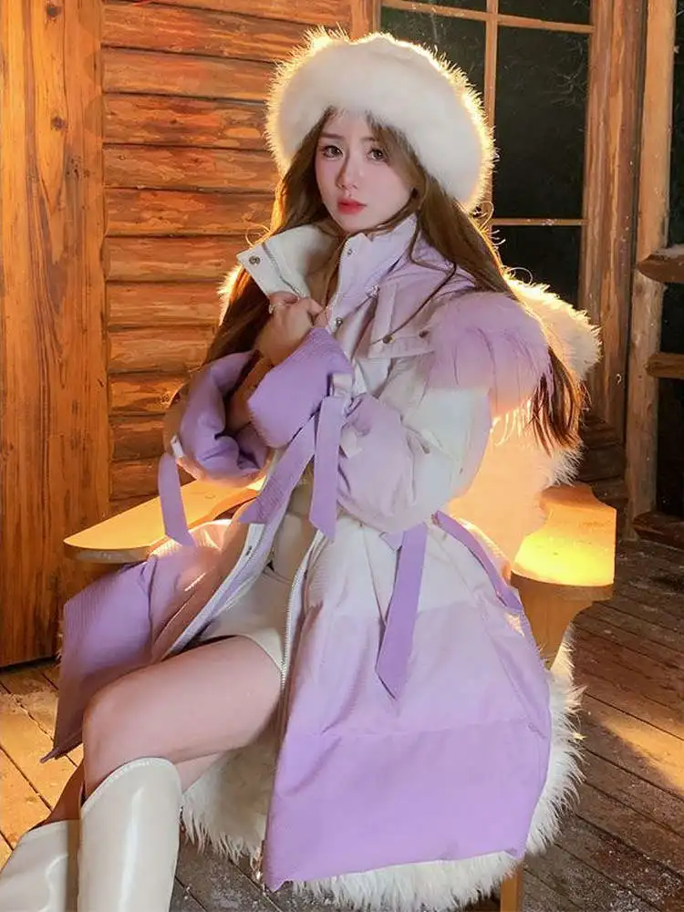 Ice Ice【Cloud hug】Unique Design Gradient Ostrich Feather Collar Cotton Jacket Women Winter Thickened Long Sleeve Princess Style