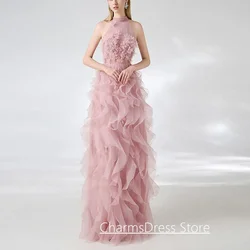 Pincess Pink Prom Dress Customized Halter Sleeves Flowers Ruffles Organza A Line Formal Evening Gown Party Dresses