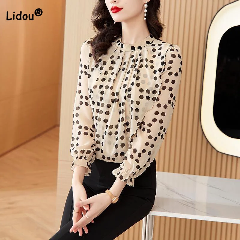 Elegant Commute Polka Dot Printed Chiffon Shirt for Female Autumn Round Neck Long Sleeve Temperament Blouse Women\'s Clothing