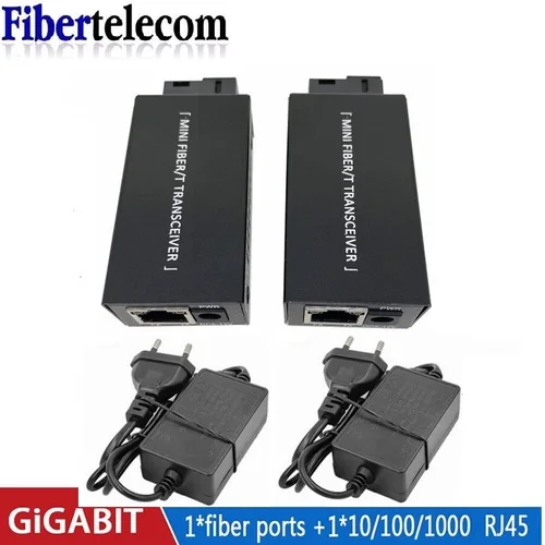 1 par Mini convertidor de medios de fibra óptica Gigabit 100/1000Mbps transceptor óptico SC a RJ45 interruptor Ethernet 20Km con alimentación de la UE