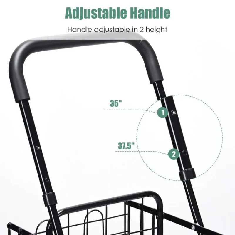 

Folding Shopping Basket Rolling Trolley with Adjustable Handle