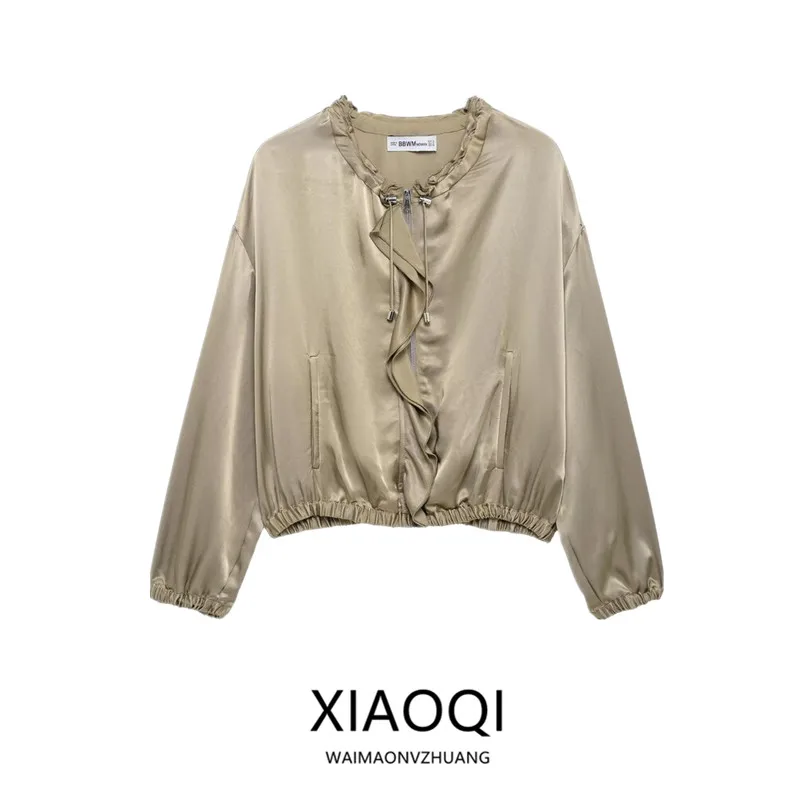 

Spring 2025 Women's Faion Long Sve Satin Feel Jaet Layered Decorative All-Match Sle Loose Fit ort Outerwear