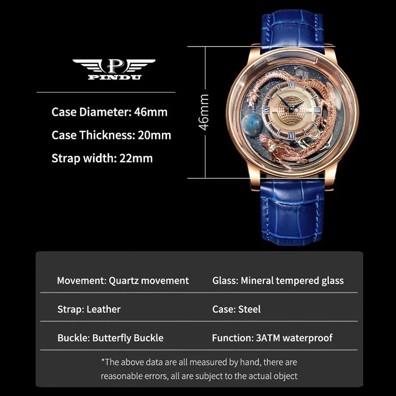 PINDU Celestial Series Rotating Dial Wristwatches Men Transparent Design Rose Gold Quartz Watches Leather Chinese loong Relogio