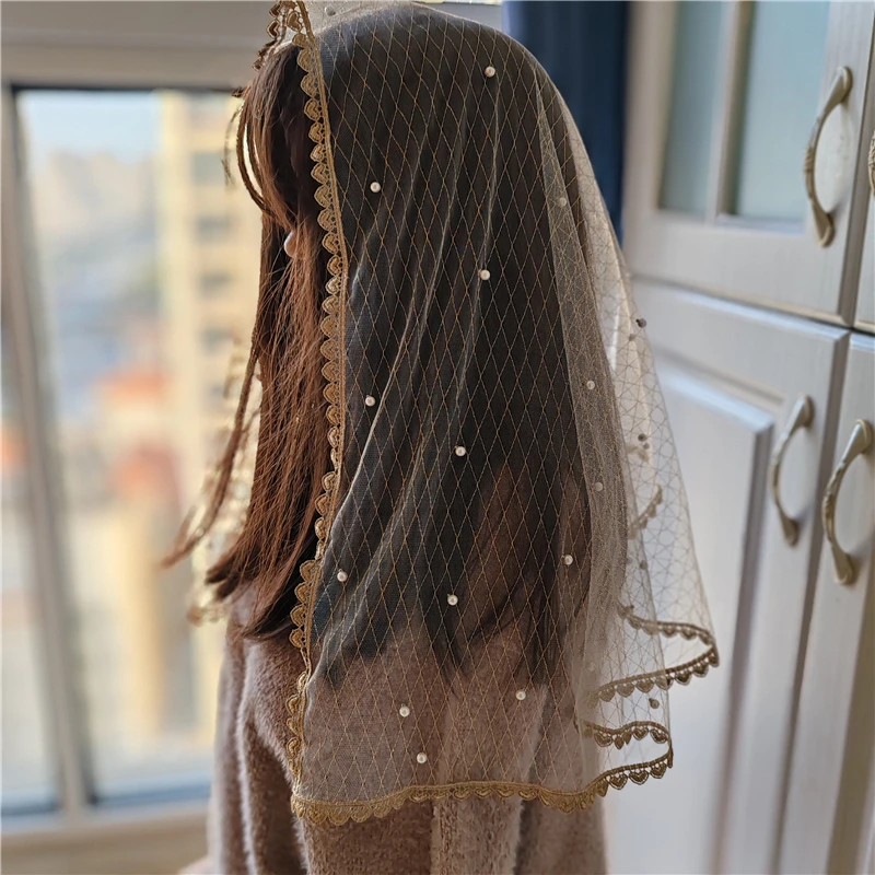 

Золотой жемчуг из бисера D-образной формы, мантилья, латинская массовая вуаль для женщин, покрытие головы, часовня, винтажные сердечки шантильи, кружевной край