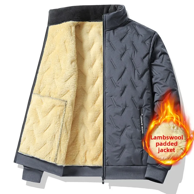 Jaket musim dingin pria baru berbahan wol domba dengan lapisan katun tebal dan beludru hangat untuk luar ruangan, jaket katun kerah tegak untuk salju