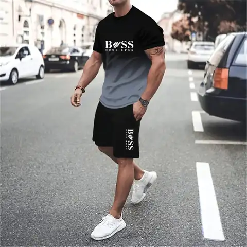 Nyheter Sommar Boss 3D Graphic Herr 2-delade set Casual Rund hals Kortärmade T-shirts Shorts Streetwear 10 best sales chefs träningsoverall - №1