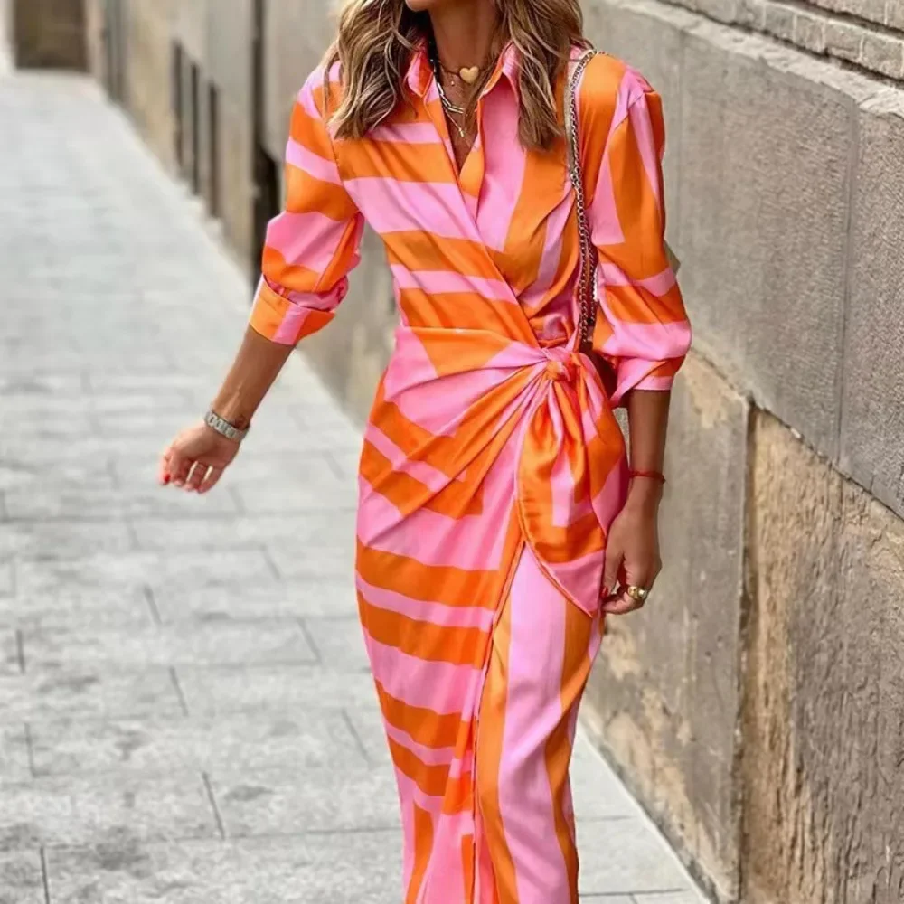 2024 Women Fashion Printed Shirt Neck Lace Long Striped Slim Midi Dress