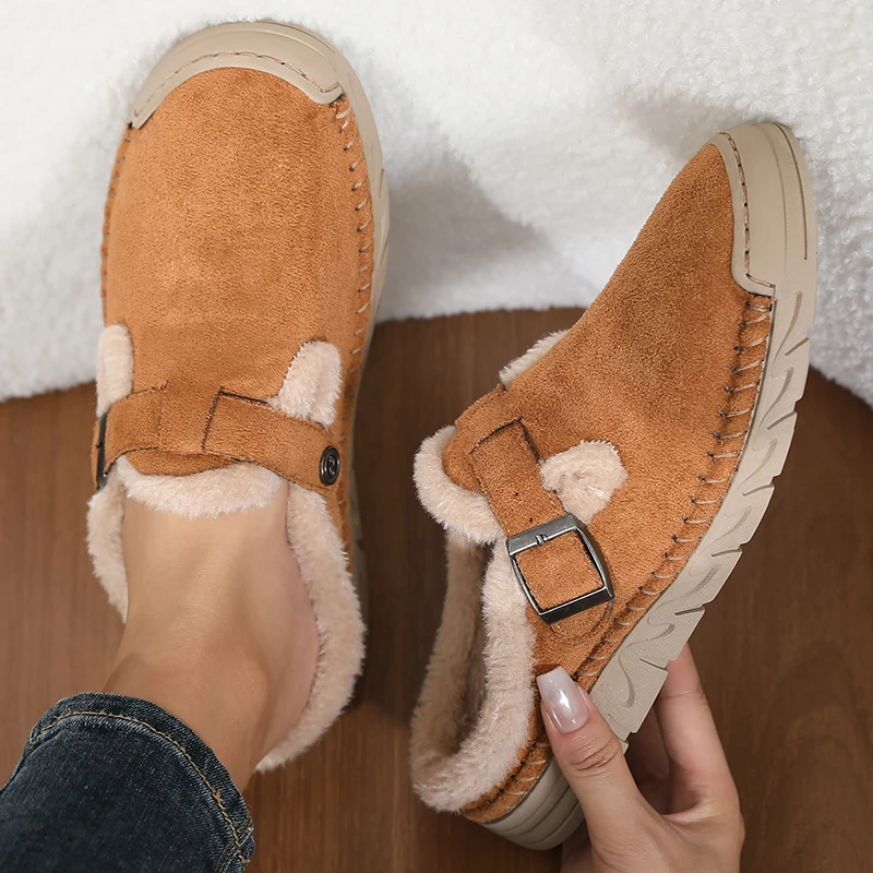 Damenmode Baotou-Slipper Winter Neu Rundkopf Tiefer Schnitt Schnallenverschluss Weiche Sohle Rutschfest Verschleißfest Flache Schuhe – Detail 3