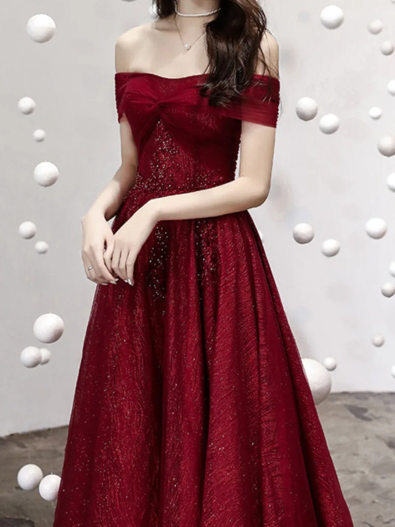 CustomizedTemperament Off Shoulder Burgundy Prom Dresses Women Appliques Shiny Long Cocktail Party Gowns Elegant Banquet Vestido