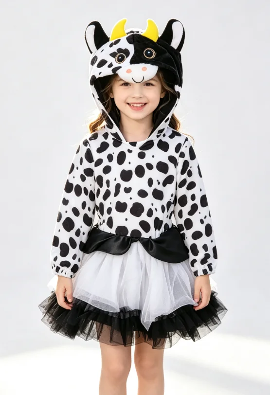 Kids Cow Themed Hooded Dress, Girls Animal Print Outfit with Tutu Skirt