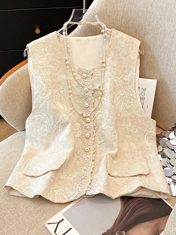 

New Chinese Sle High End Cotton Linen Women's Vest Spring Autumn New Retro Embroidery Outerwear oulder Pad Vest