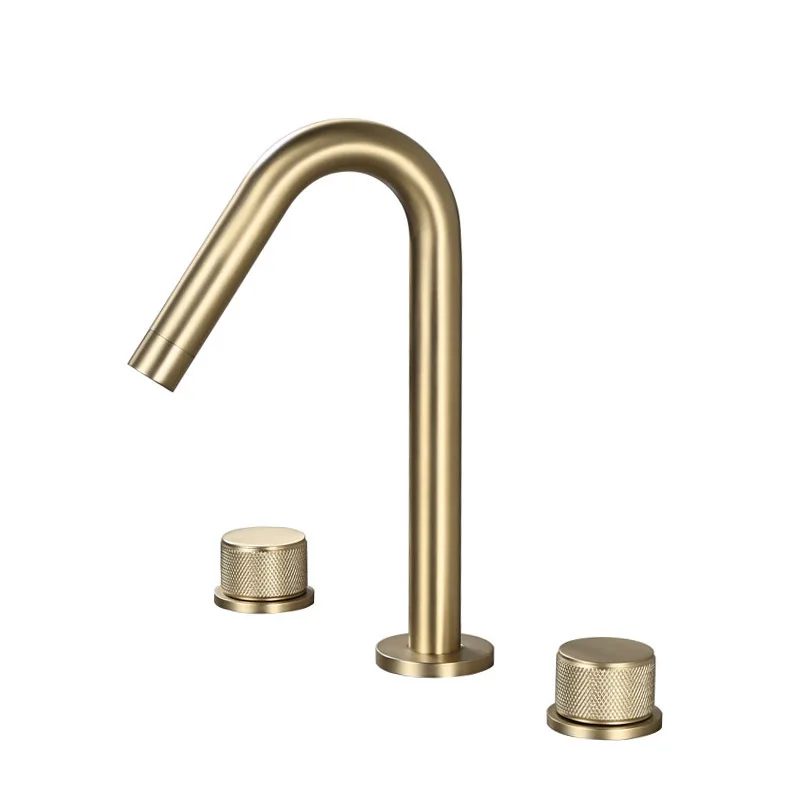 

Simplified gun ash 3-hole faucet brushed gold split double bathroom washbasin, refined copper three-hole hot and cold faucet
