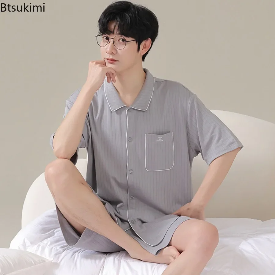 2024 Men\'s Soft Breathable Modal Sleepwear Sets Summer Short Sleeve Pajamas Thin Pajama Sets Korean Style Loose Cozy Pijama Men