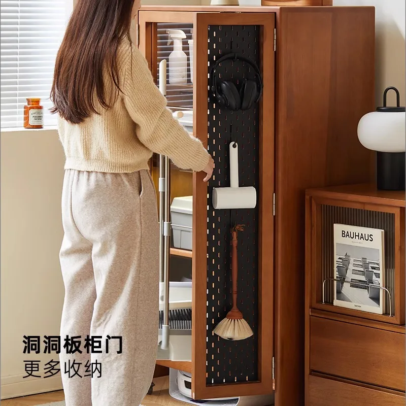 Nordic solid wood housekeeping cabinet retro small apartment movable balcony sweeping robot storage living room locker