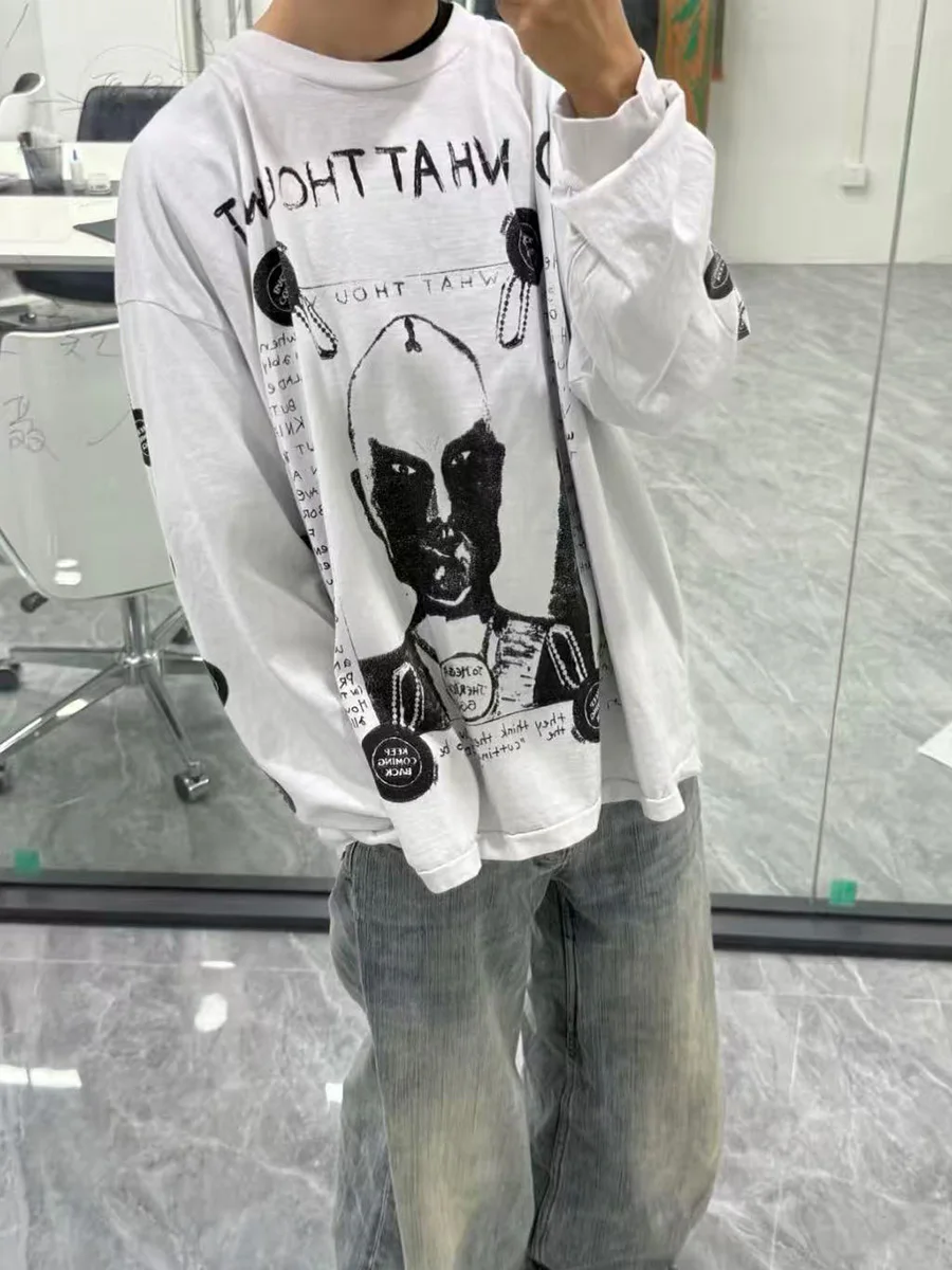 American Style Long Sleeve T-Shirt Men's Loose Fit Alien Print Depressed Rich Second Generation Streetwear Autumn Winter Cotton