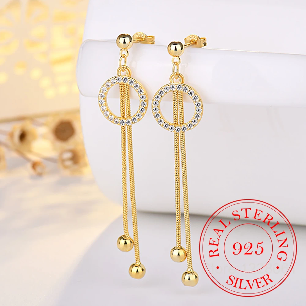 

925 Sterling Silver Jewelry Luxury Circle Ball Long Tassel Stud Earrings for Women Wedding Party Jewelry for Girls Friend Gift