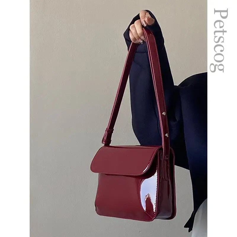 2023 New Trend Women\'s Handbags Glossy Pu Leather Square Flap Crossbody Bag Luxury Fashion Ladies Shoulder Bags Black Red