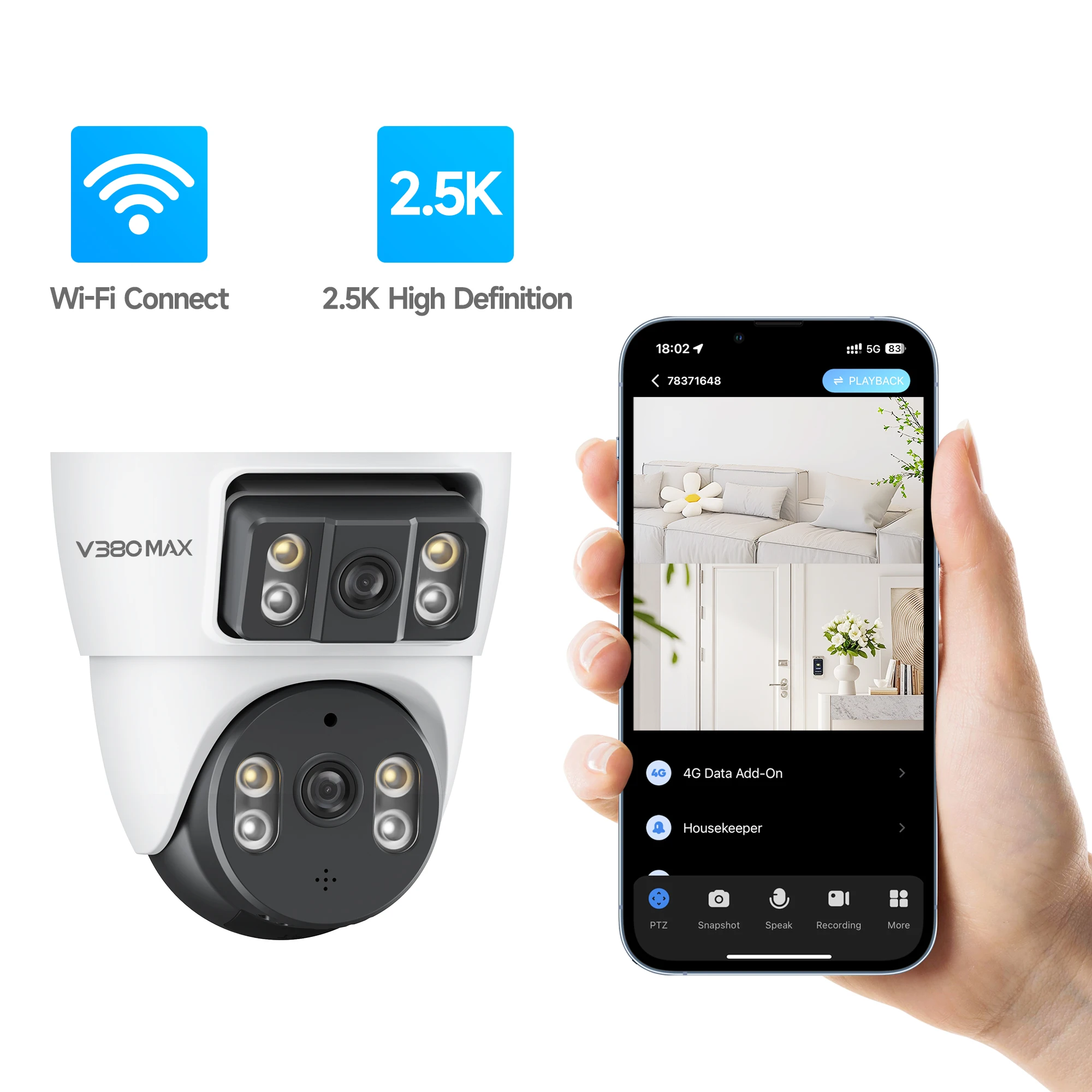 

July003 4MP Dome Camera With Two-Way Audio and Night Vision Waterproof IP65 Indoor/Outdoor WiFi PTZ Camera Alarm Push
