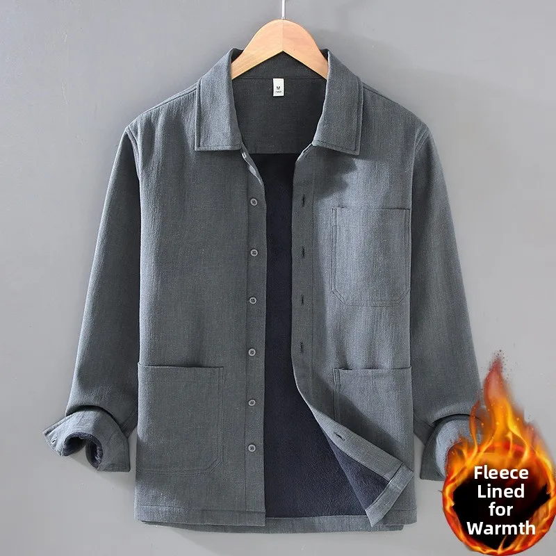 

Thiened Flannel Linen irt Men's Autumn Winter Casual High-End Pure Color Cotton Linen Jaet Retro Warm Linen Top