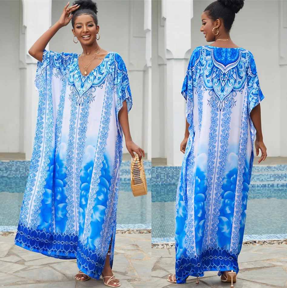 Robe de plage style caftan bleu pour femmes, tunique en coton, col en V, cochon size, cover-up pour bikini, Industries ong, été