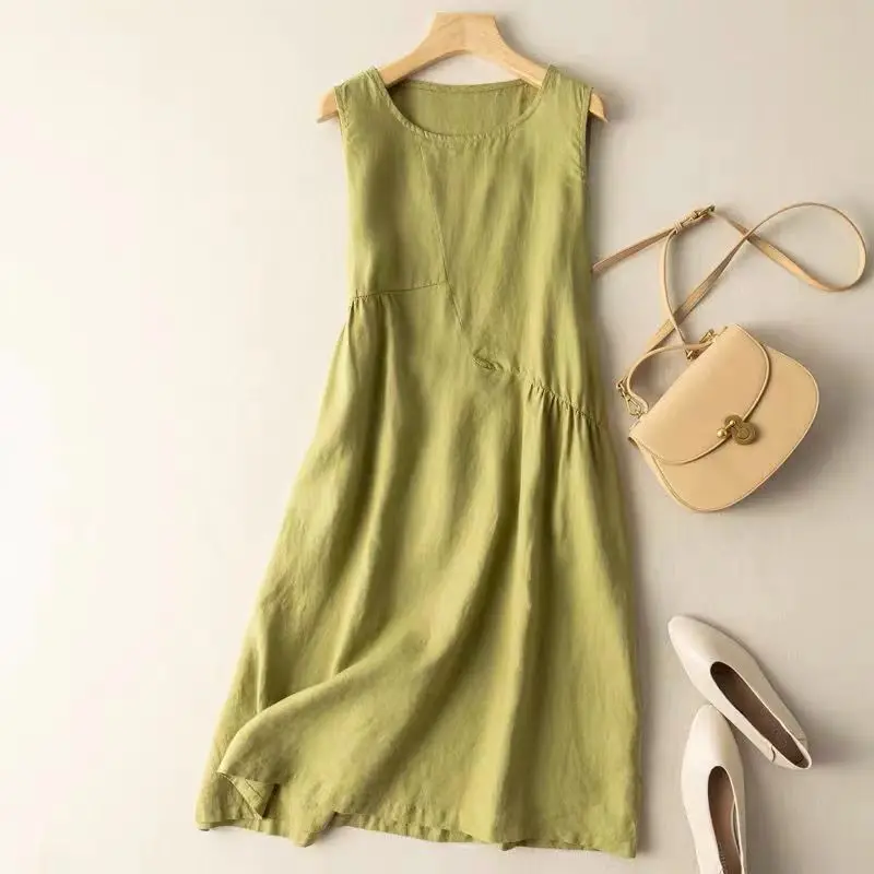 3-Colours Cotton Linen Tank Dress Woman Loose Round Neck Midi Beach Dresses Retro Casual Streetwear Women’s Summer Sundress Lady