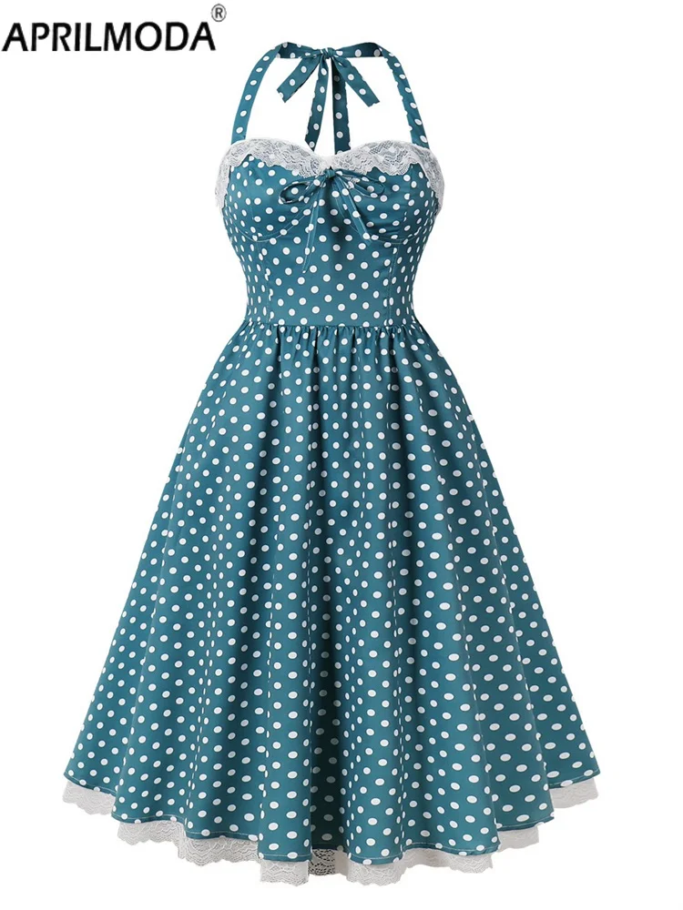 Hepburn Style Strapless Halter Vintage Casual Dress for Women Polka Dout Blue Sexy Holiday Party Short Evening Dresses 1950s