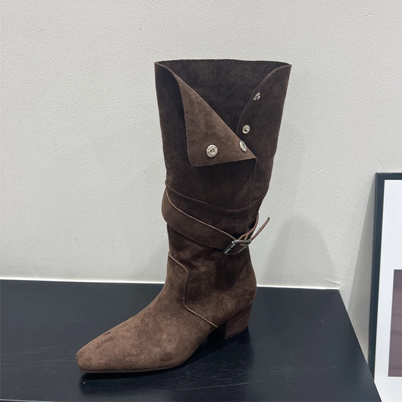 منتصف العجل عالية الكعب النساء الأحذية مكتنزة تشيلسي الأحذية الجلد المدبوغ أحذية شتاء 2025 أنيقة حذاء الثلج عالي الرقبة دافئ عادية المشي Zapatos سيدة