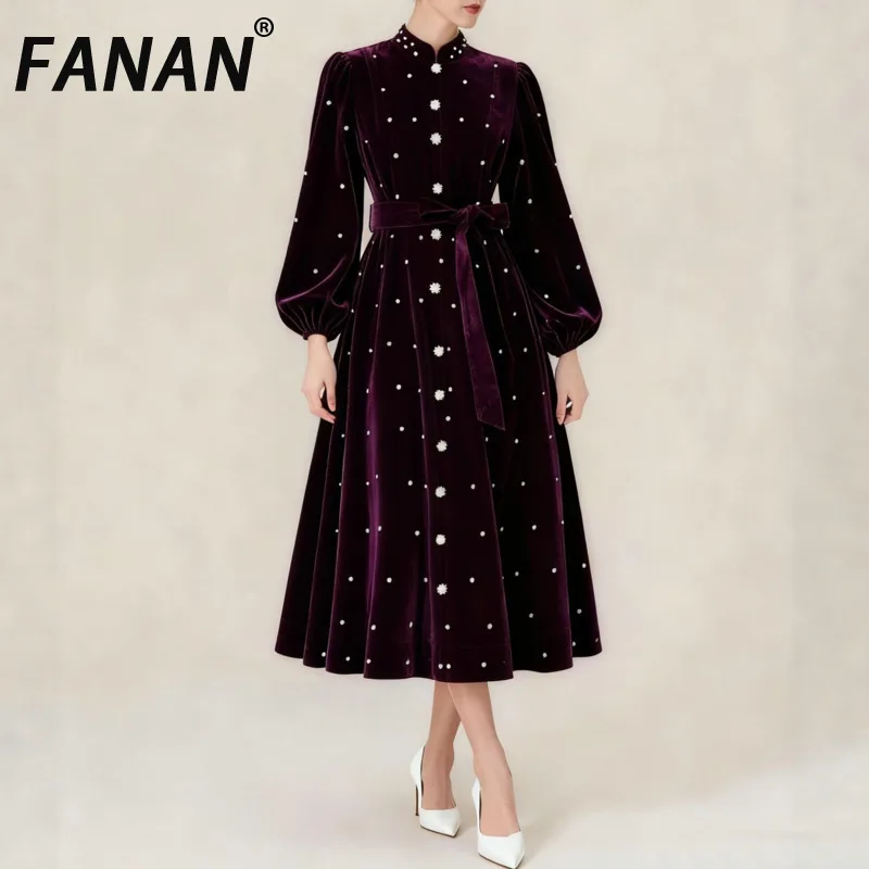 

Вечернее платье FANAN из бархата с воротником-стойкой, на одной пуговице, с поясом и сборками на талии, длинное, весна 2026, новинка