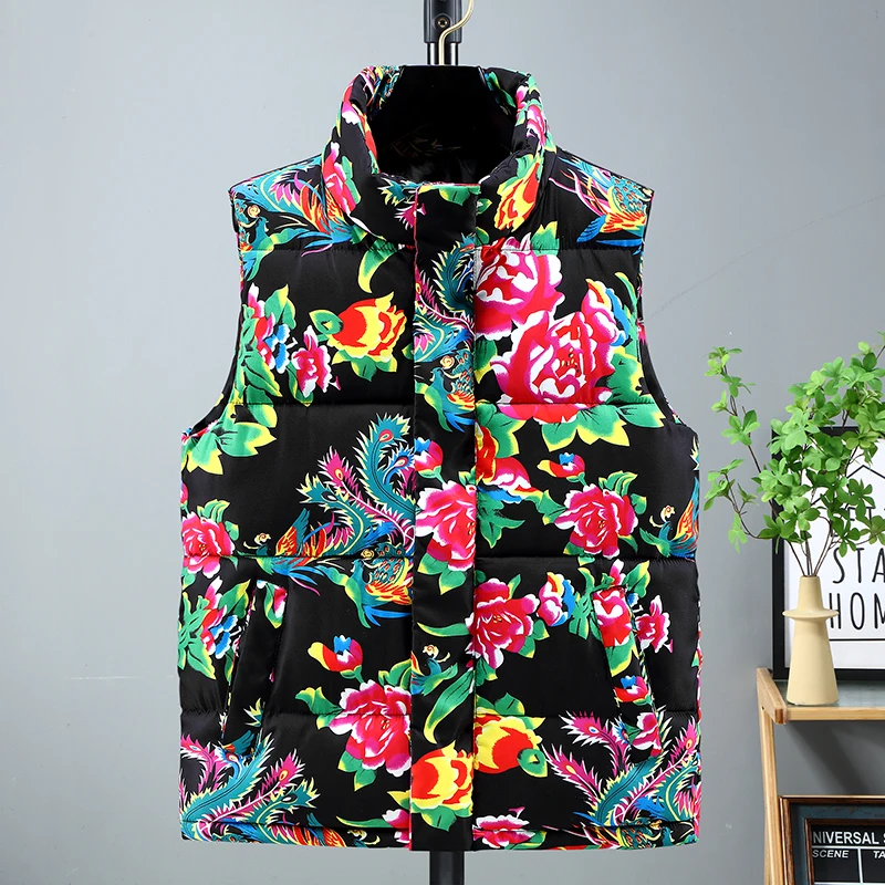 

Y2k Red Black Printed Men's Sleeveless Hooded Jacket Autumn and Winter Warm Down Cotton Vest Coat New Trendy Brand Flower Vest