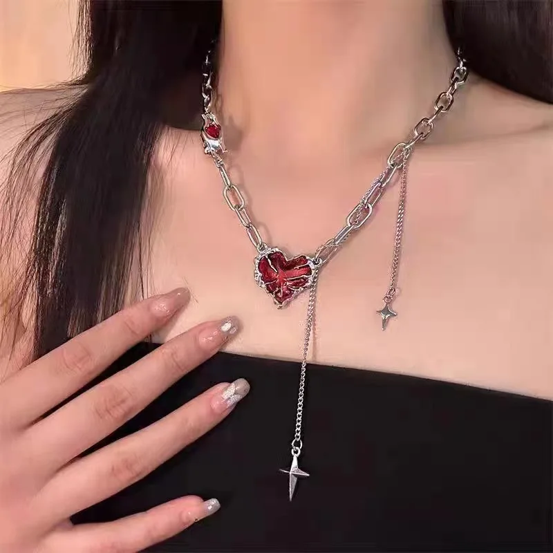 Punk Trend Red Heart Ghost Claw Star Chain Tassel Necklace Gothic Men and Women Couple Party Personalized Jewelry Accessories