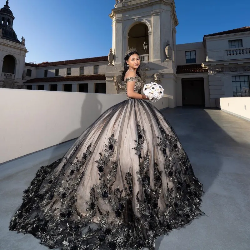 

Black Shiny Princess Tulle Ball Gown Quinceanera Dresses Meninas De 15 Anos Appliques 3DFlower Ballkleid Vestidos De Debutante