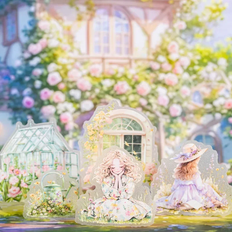 15Pcs Handmade Account PET stickers Healing Garden Sparkling Sand pack Material Decorative Collage Primer Scrapbook 135*88mm