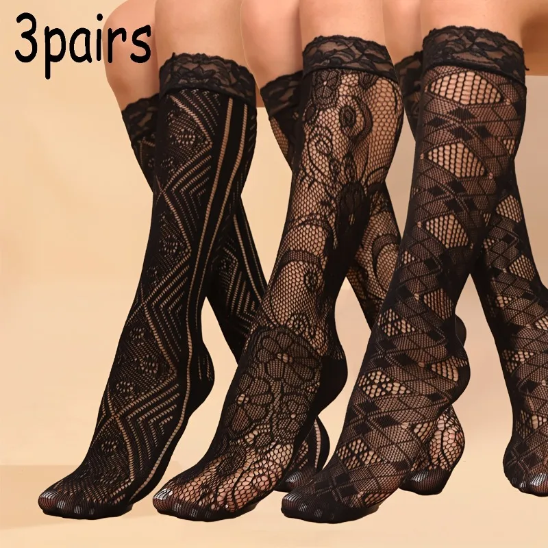 

3pcs Elegant Women's Lace Trim Ankle Socks - Ultra-Sheer Nylon Blend ,Lace Socks|Stretchy Elastic Band, Novelty Socks