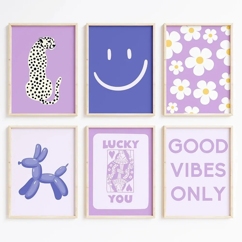 Purple Preppy Aesthetic Gallery Wall Prints Trendy Retro Wall Art Pictures Collage Dorm Room Decor Funky y2k Poster Floral Smile