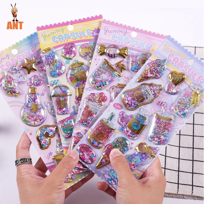 Kawaii Glittering 3D Cartoon Capsule Stickers Scrapbooking Waterproof Bubble PVC DIY Stickers Aesthetic Girls Gift