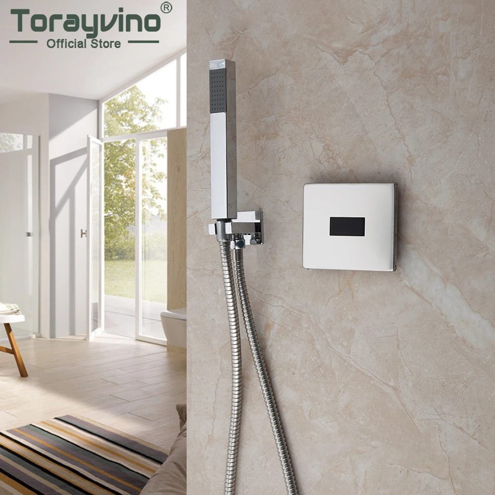 

Torayvino Luxury Rainfall Bathtub Shower Faucet Wall Mounted Shower Spray Automatic Sensing Shower Mixer Tap Square 2 Ways Set